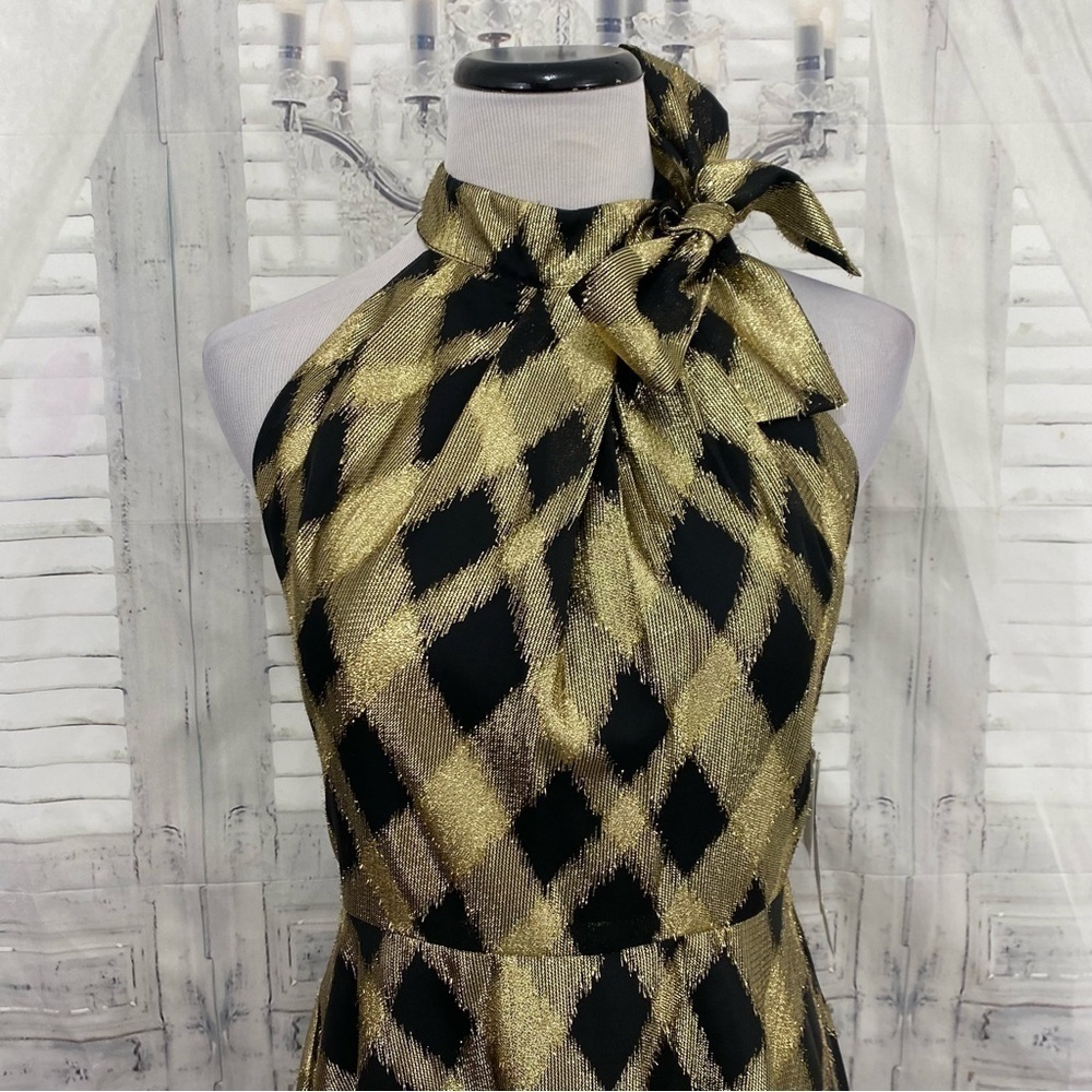 Maggy London Size 4 Metallic Gold Black Plaid Cross Over Halter Dress Fit Flare - Picture 3 of 13